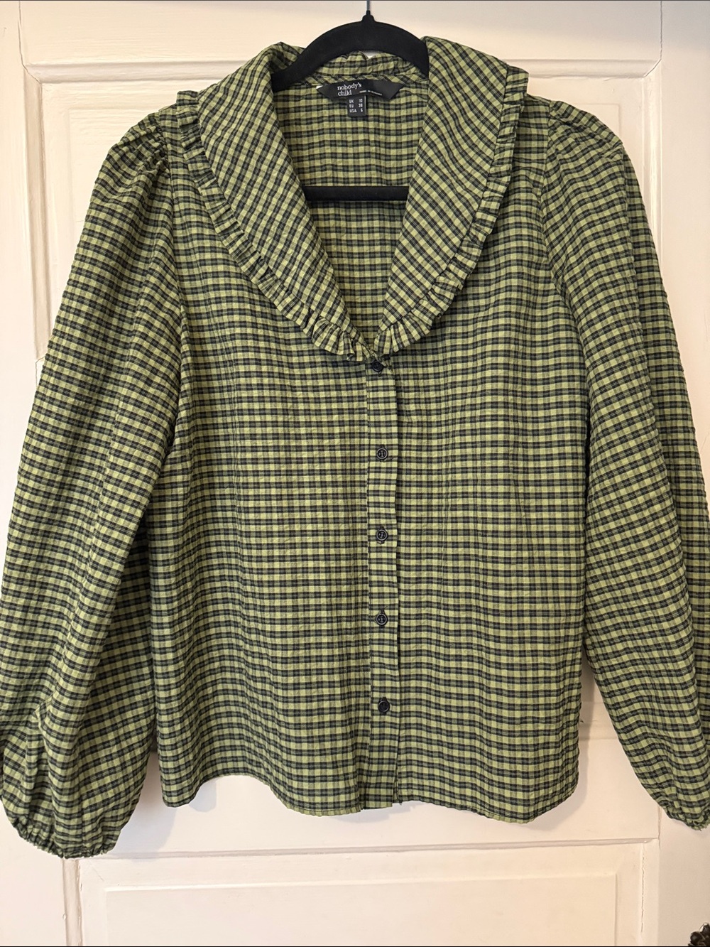 Nobody’s Child Green Plaid Ruffle Collar Button-Front Blouse